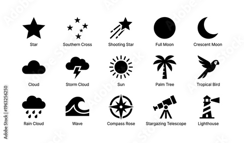 Star, moon, cloud, sun, and nature icons collection