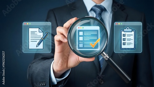 A businessman in a suit examines a magnifying glass with a checklist on a transparent background