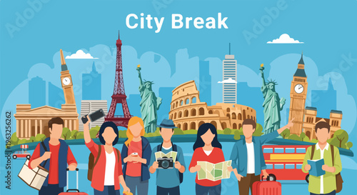 Illustration of tourists in a city with famous landmarks