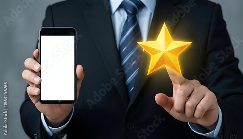 A businessman in a suit holding a smartphone with a glowing star on his finger on transparent background