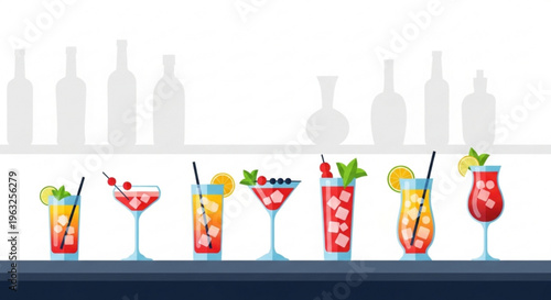 Variety of colorful cocktails with fruits and straws on a bar with bottles in the background refreshing drinks
