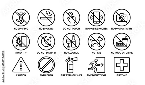 Compilation of prohibition and safety signs with icons and symbols
