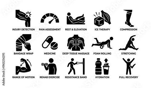 Injury recovery icons: pain management and rehabilitation techniques