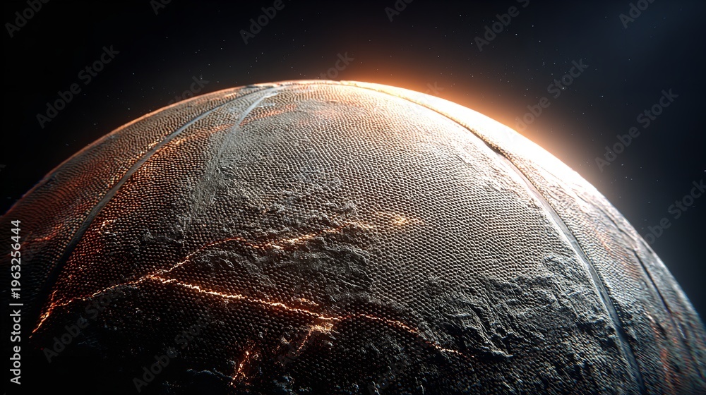 Fototapeta premium Abstract macro shot of a basketball with glowing fiery cracks and texture