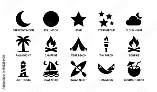 Nighttime icons: moon, stars, palm tree, campfire, tent, tiki torch, lighthouse, boat, kayak, hammock, coconut
