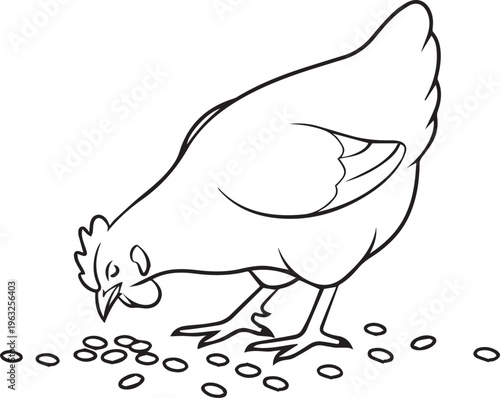 Black and white chicken illustration, hen eating seeds, farm animal vector, simple line drawing