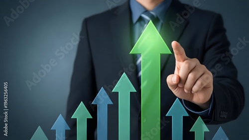 A businessman in a suit pointing to a large green arrow on transparent background