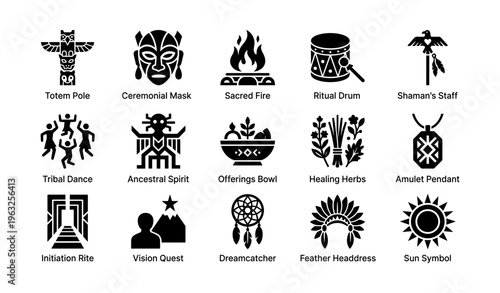 Indigenous symbols and artifacts collection illustration with totem, mask, and drum