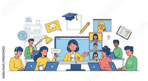 Illustration of a virtual classroom with people learning online