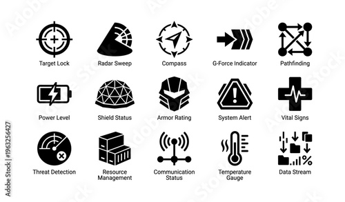 Black and white technology interface icons for system monitoring and navigation