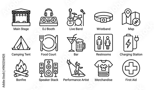 Festival icons: stage, dj booth, live band, wristband, map, and more