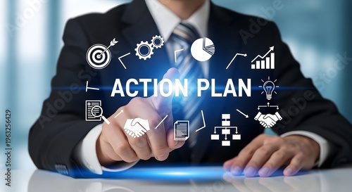 A businessman creating an action plan on a digital interface in a modern office on transparent background