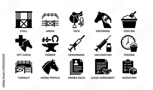 Equestrian icons: stall, arena, grooming, feeding, vet check, vaccination, horse care