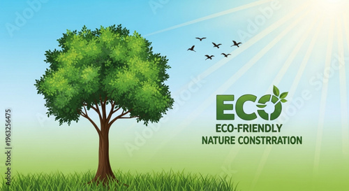 Eco friendly nature construction with a tree and birds flying under sunny blue sky with green grass