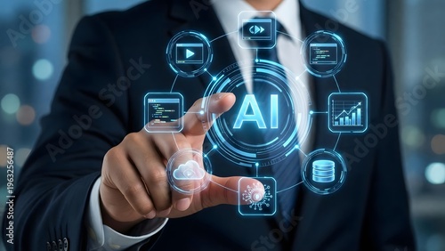 A businessman interacting with a futuristic AI interface on transparent background