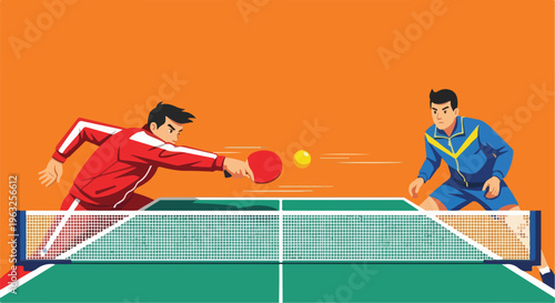 Illustration of two people playing table tennis on an orange background