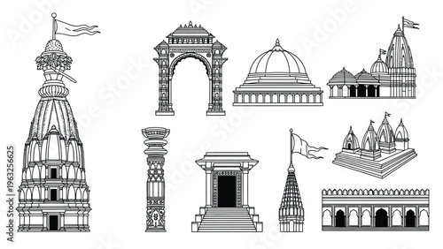 Hindu temple architecture vector icons set of indian cultural heritage and religious buildings.