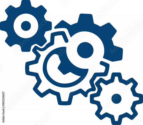 Interlocking gears represent teamwork, engineering, and technological innovation.