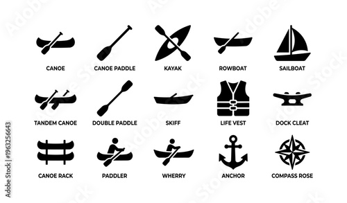 Collection of black silhouette icons of canoes and boats with accessories