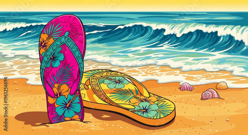 Vibrant flip flops on sandy beach with ocean waves and seashells summer vacation background