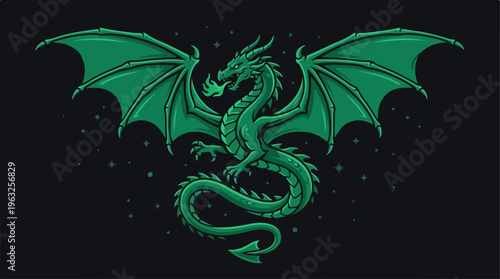 Majestic Emerald Dragon with Extended Wings on Black Background.