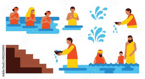 People bathing in river and performing religious rituals, illustration of traditional purification ceremony.