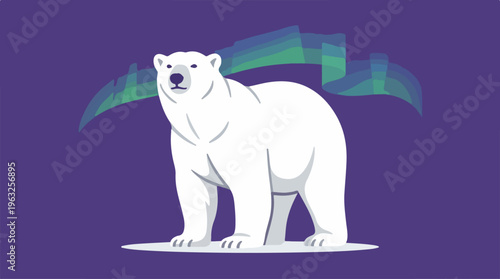 Majestic polar bear standing on ice with aurora borealis.