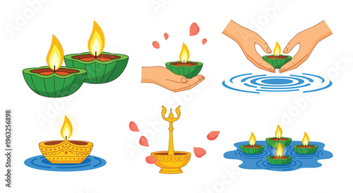 Diwali festival diya oil lamps set with floating candles and hands holding light.