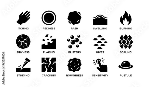 Common skin condition icons: itching, redness, rash, swelling, burning