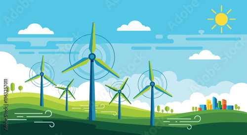 Illustration of wind turbines on a green hill with a blue sky