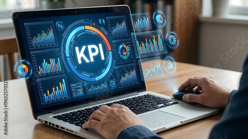 A person analyzing key performance indicators on a laptop with a transparent background