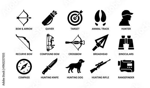 Hunting equipment icons: bows, quiver, target, tracks, hunter, knife, dog, rifle