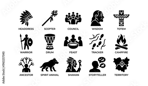 Traditional symbols and icons: headdress, scepter, council, wisdom, totem