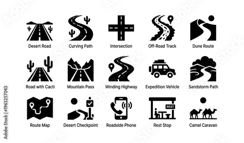 Desert road icons: routes, maps, and journey symbols in silhouette style