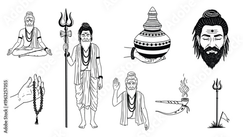 Ascetic indian monk characters and spiritual accessories vector illustration set.