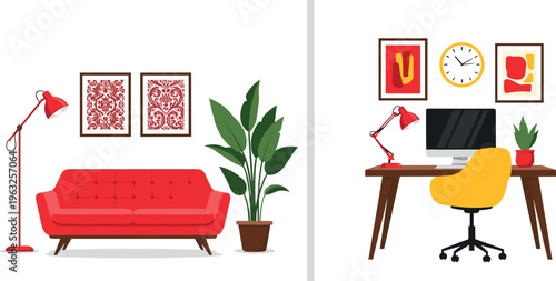Modern home interior split scene with living room sofa and workspace desk computer stylish furniture flat vector illustration