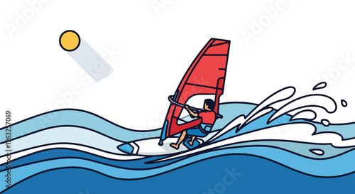 Illustration of windsurfer on the waves, with a sun in the sky
