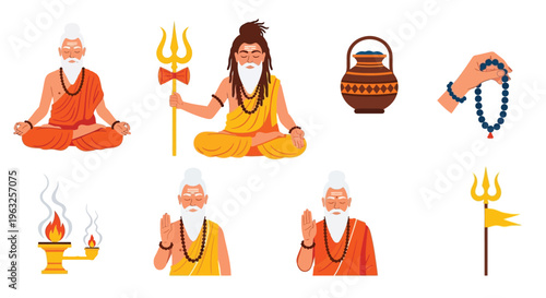 Hindu guru set in flat cartoon style, spiritual men doing meditation and prayer, spiritual practice.