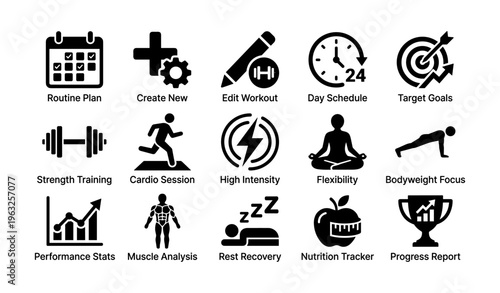 Fitness icons for routine planning and tracking strength, cardio, and nutrition