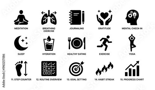 Icons depicting wellness activities: meditation, breathing, exercise, journaling, gratitude, mental health