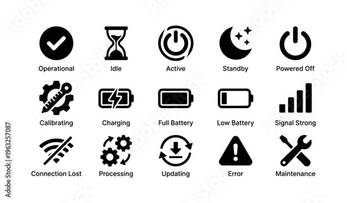 Tech icons set: operational, power, battery, signal, maintenance symbols