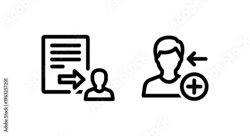 Ticket assignment icon and assign agent icon, representing task delegation and customer service workflow. simple line art symbols for management and support
