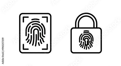 Fingerprint scan icon and padlock with fingerprint symbol for biometric security and authentication with personal data