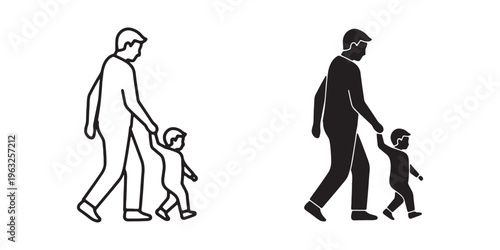 Black and white illustrations of a man walking with a child