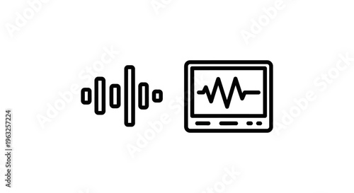 Sound waveform icon and medical ecg monitor display for audio visualization and health monitoring with sound wave with vital signs with sound level