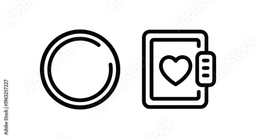 Circle 'm' logo icon and heart symbol on tablet screen for media player and mobile app interface