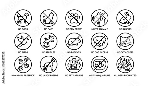 Prohibited animal access signs: no dogs cats reptiles rodents pet-free zones