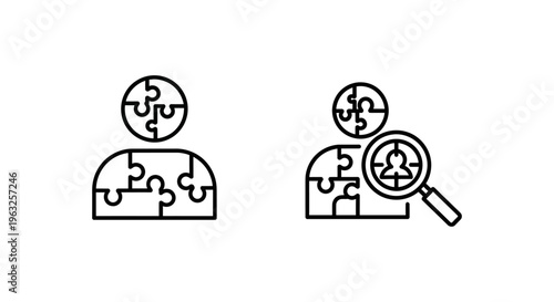 Customer segmentation and segment targeting line icons featuring puzzle pieces and magnifying glass