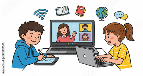 Student attending video call lesson on laptop at home cartoon illustration