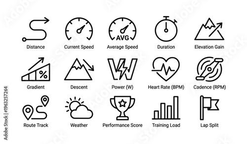 Fitness tracking icons: speed, duration, elevation, heart rate, cadence
